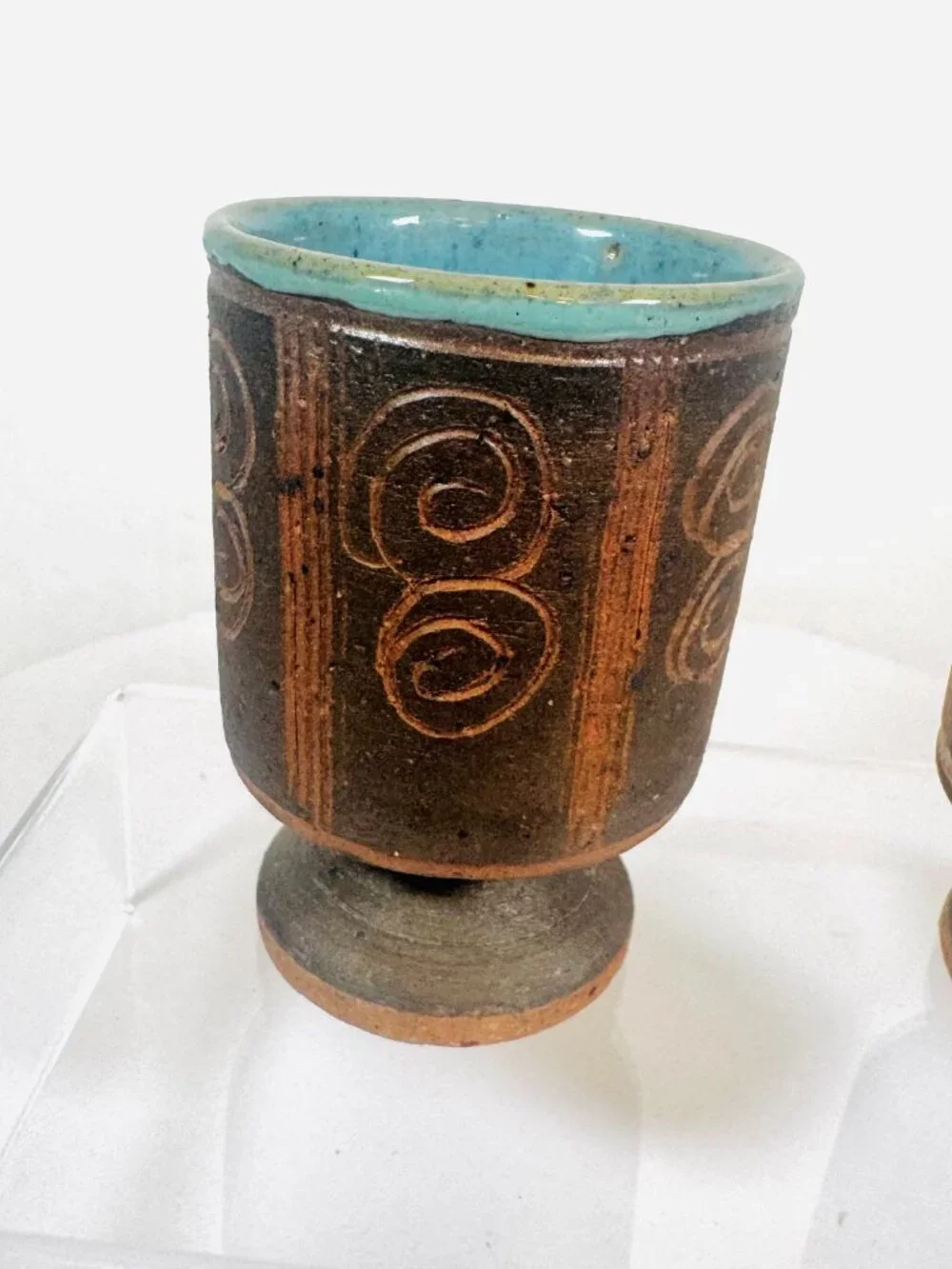 Vtg Set 2 Studio Pottery Stoneware Pedestal 3.25